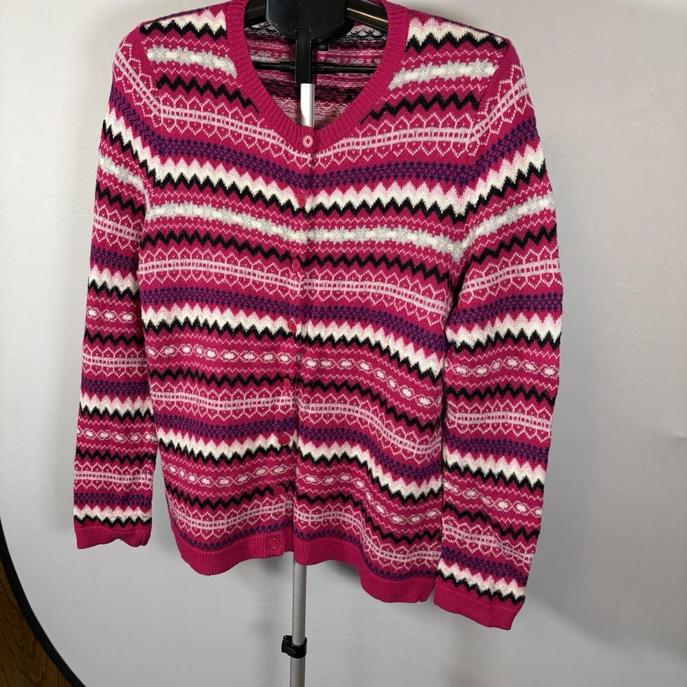 Talbots Petite XLP Pink Lambswool Blend Fair Isle Cardigan Cottage Ski Chic Prep - Picture 4 of 12